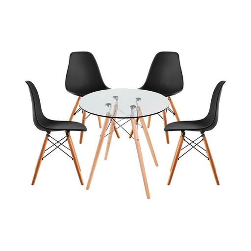 [125005] MESA EAMES PATAS DE MADERA VIDRIO TEMPLADO NEGRO REDONDO