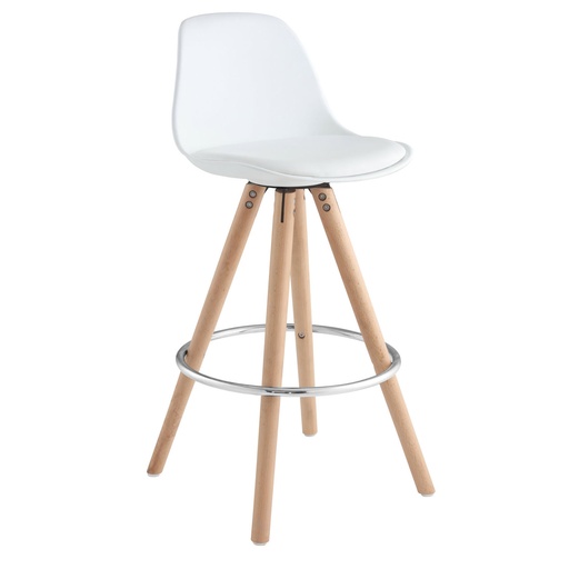 [101008] SILLA DE BAR ALTA BLANCA POLIPROPILENO ALCOLCHONABLE PATAS DE MADERA