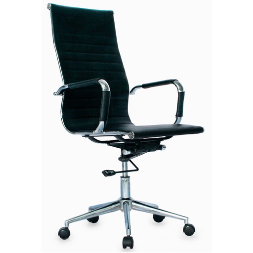 [003-1555] SILLA BRUSELAS ALTA / NEGRA / BASE CROMO / ASIENTO Y ESPALDA EN CUERO SINTETICO