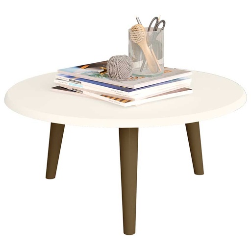 [153000] MESA DE CENTRO REDONDA BLANCA BRILLANTE PATAS MADERA