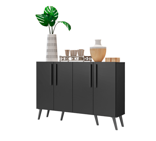 [162033] APARADOR BUFFETDE 4 PUERTAS NEGRO/ MANIJAS Y PIES RETRO NEGRO 4 PUERTAS