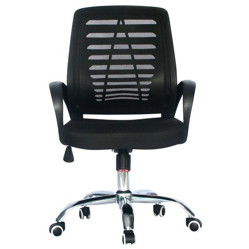 [003-0770] SILLA ESPAÑA / BASE CROMO / ASIENTO PAÑO NEGRO / ESPALDA EN MALLA NEGRA / ERGONOMICA / BRAZOS FIJOS
