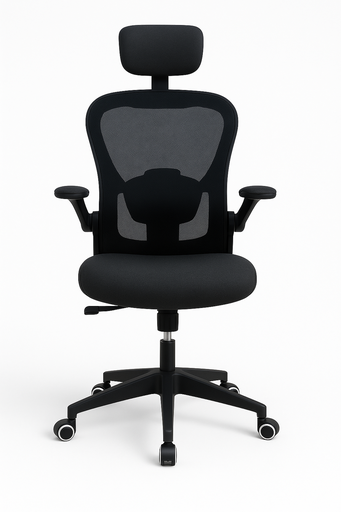 [109935] SILLA EJECUTIVA BASCULANTE CON BRAZOS ABATIBLES, ESPALDAR EN MALLA Y ASIENTO EN PAÑO - BASE NYLON ASUKA