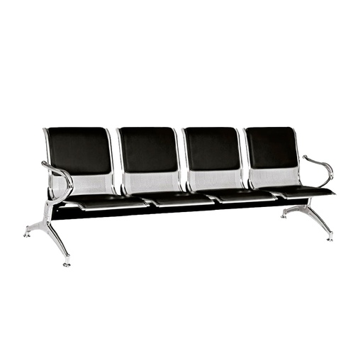 [003-3104] TANDEM DE 4 PUESTOS / COCA GRIS Y CROMO/ ASIENTO Y ESPALDA TAPIZADOS EN CUERO SINTETICO NEGRO