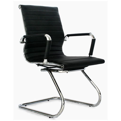 [003-1045] SILLA INTERLOCUTORA POLONIA / ESTRUCTURA CROMO / ASIENTO Y ESPALDA TAPIZADO EN CUERO SINTETICO NEGRO