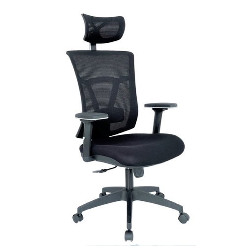 [003-1714+003-1140] SILLA DE OFICINA BRAZOS GRADUABLES BASE NYLON ASIENTO PAÑO CON CABECERO MALLA NEGRA KABUL