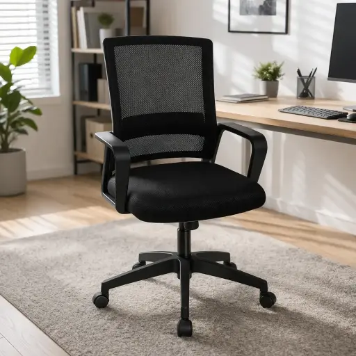 [003-0928] SILLA ERGONOMICA MALLA NEGRA BASE NYLON BRAZO FIJO SIN CABECERO DOMUS